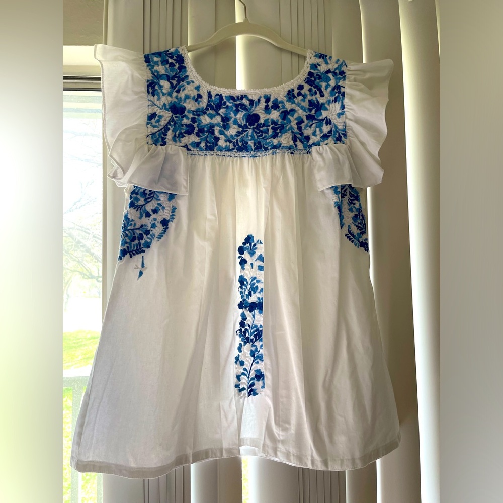 Mi Golondrina White and Blue Floral Embroidered Blouse